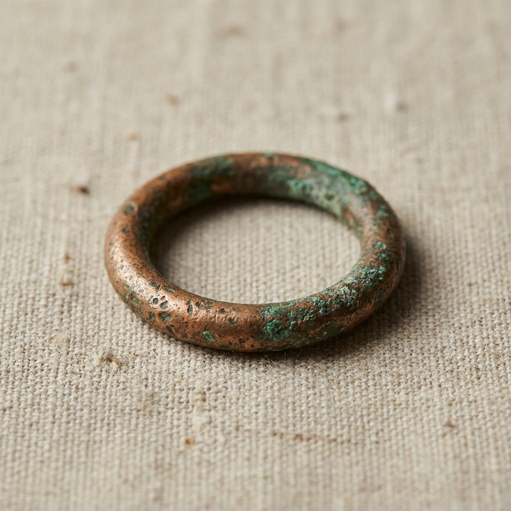 Close up of an ancient roman key ring small copper alloy hoop on a neutral linen background showing patina and texture under soft directional light