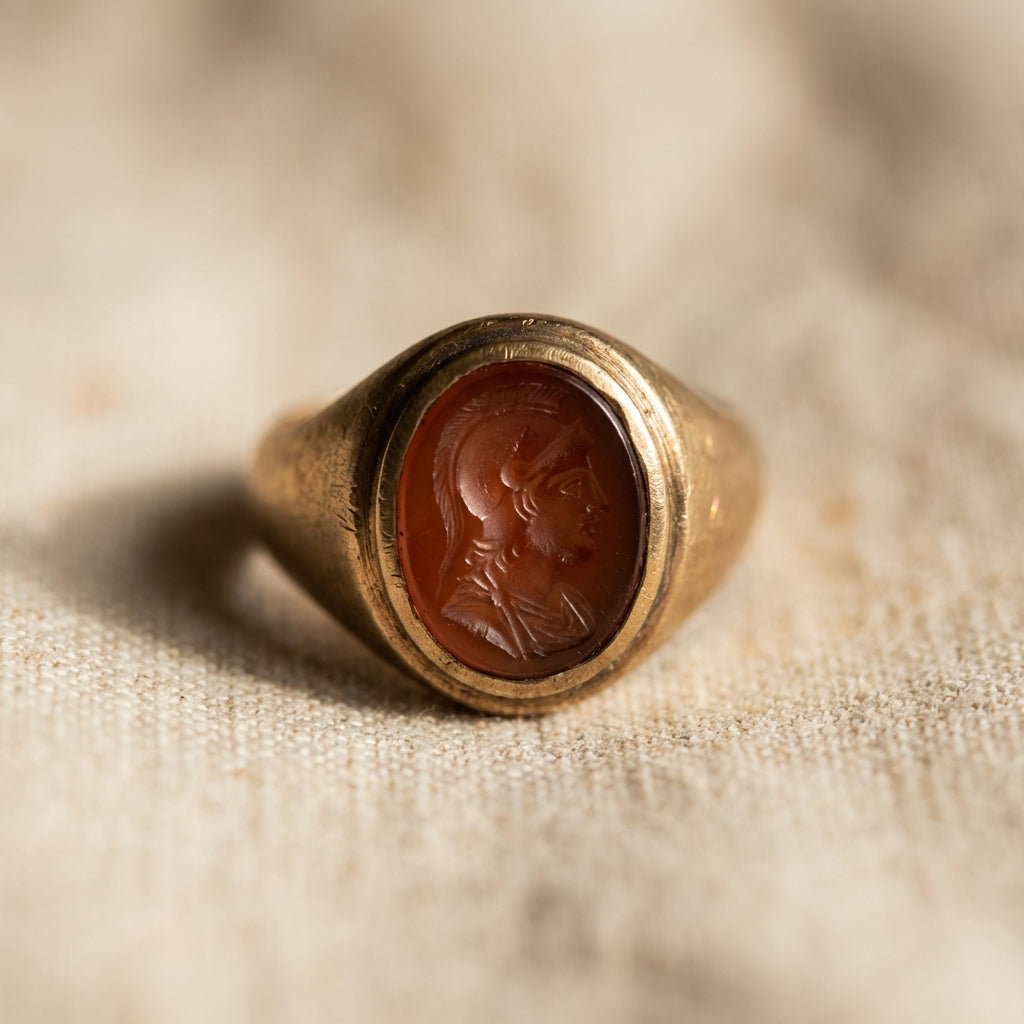 Close up of an ancient roman rings intaglio bezel and carved gemstone on a neutral textured background with soft side lighting showing patina and fine carved detail