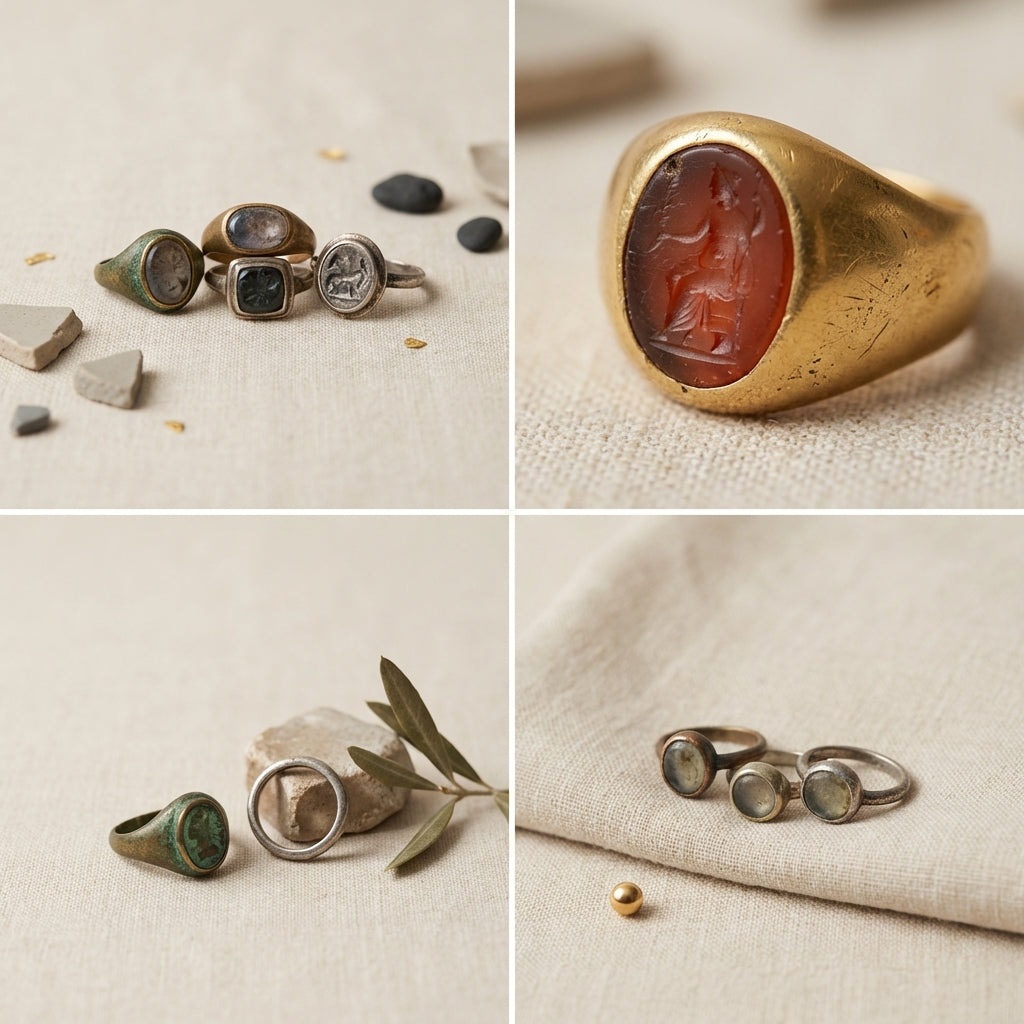 Neutral studio photograph of ancient roman rings on textured linen showing bezel shapes and patina close up on warm beige background #ede7da