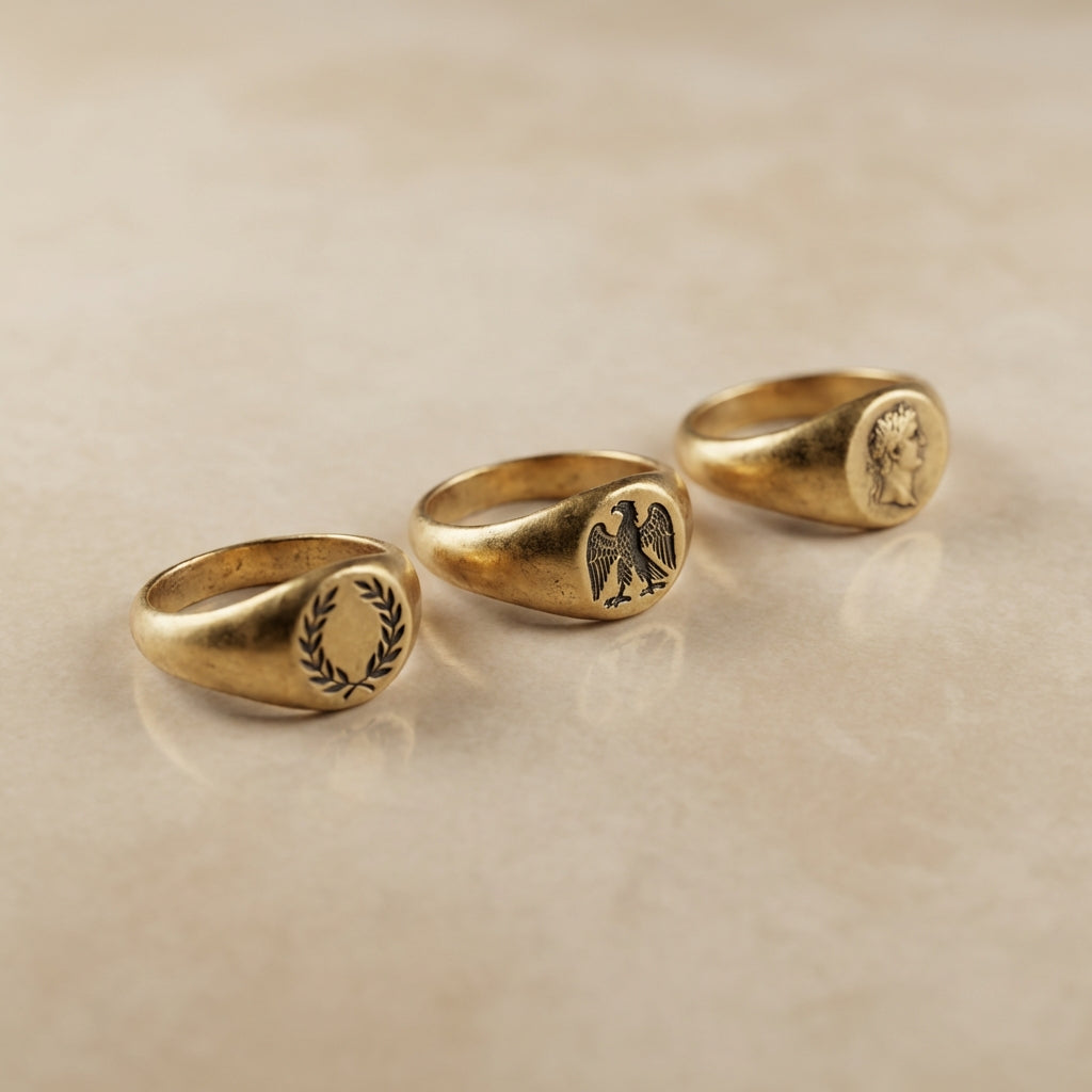 Minimal top down composition of three ancient roman rings on warm beige background with gold accents and soft shadows showcasing engraved details