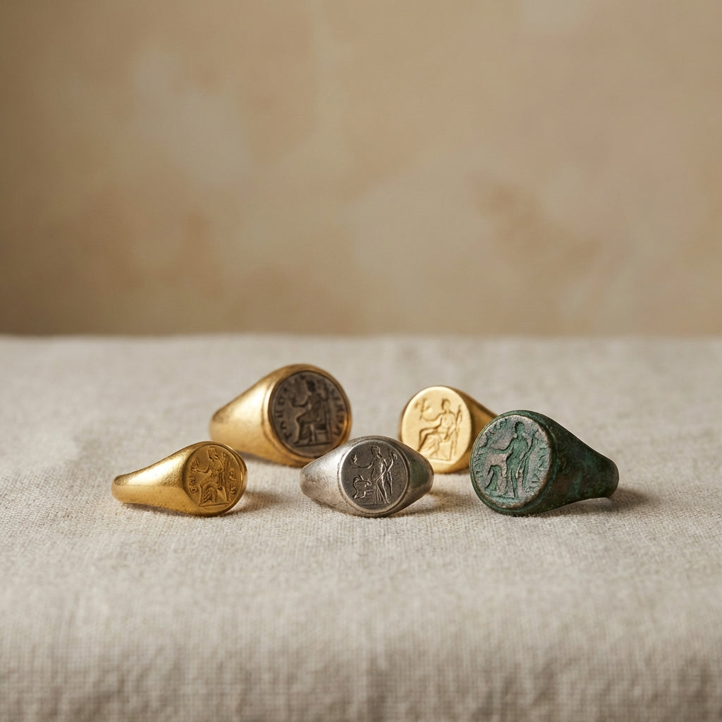 Close up of ancient roman rings in gold silver and bronze on neutral linen showing bezels and intaglios minimalist composition