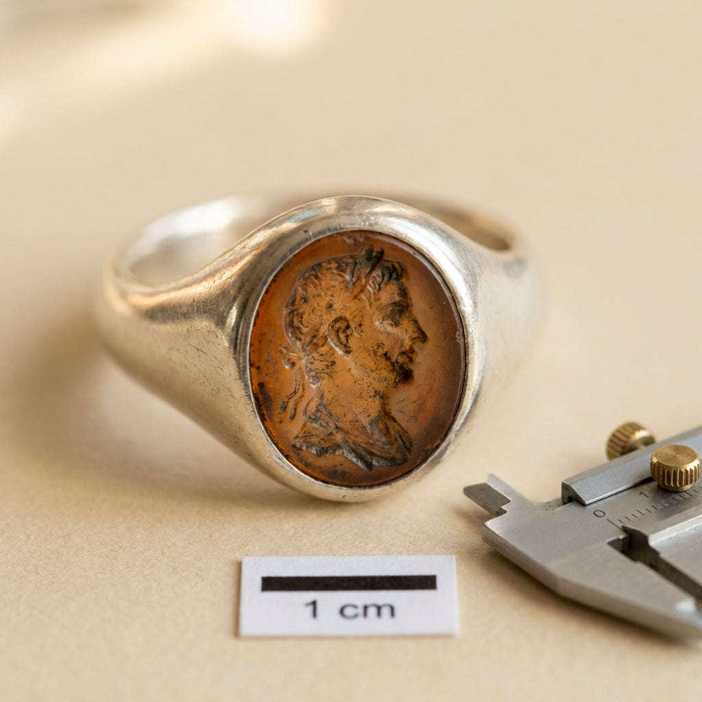 Close macro of ancient roman seal rings showing a patinated intaglio set in a silver ring with caliper and scale on a neutral ede7da background
