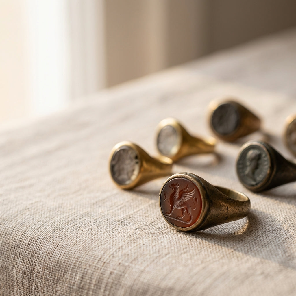 Close crop of ancient roman seal rings on natural linen showing bezels and carved intaglios in warm natural light with shallow depth of field