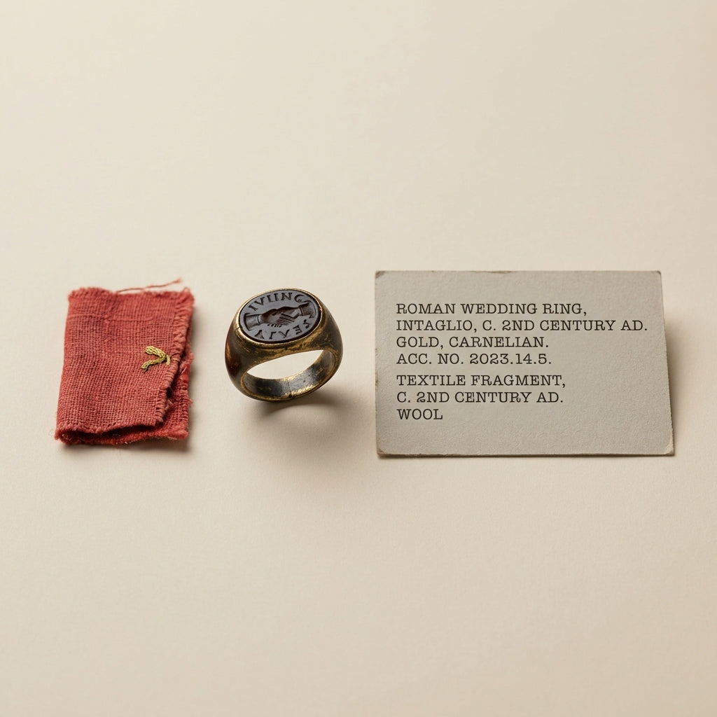 Minimalist museum photograph of an ancient roman wedding ring intaglio beside a red textile fragment and archive catalogue card on beige background #ede7da