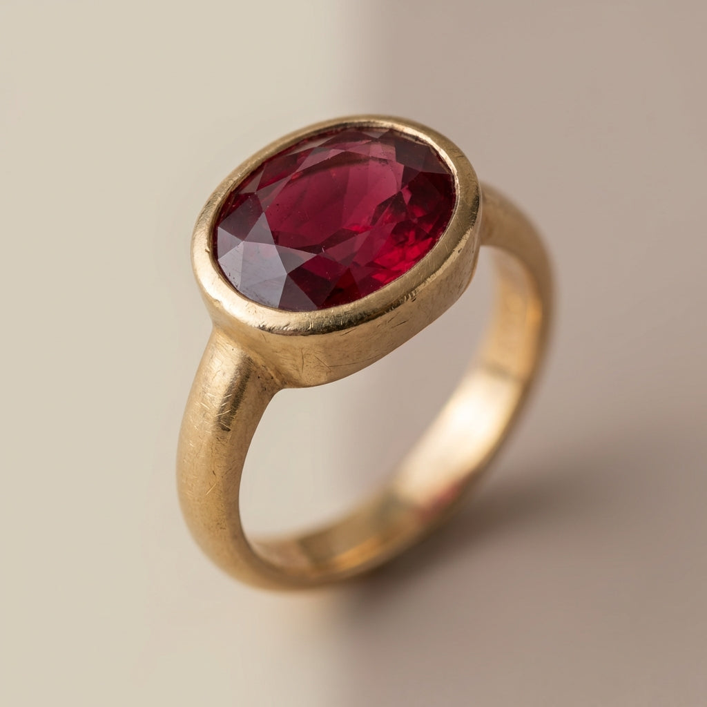 Ancient ruby ring close up showing worn gold bezel and deep red stone on neutral Aurora Antiqua background filling the frame