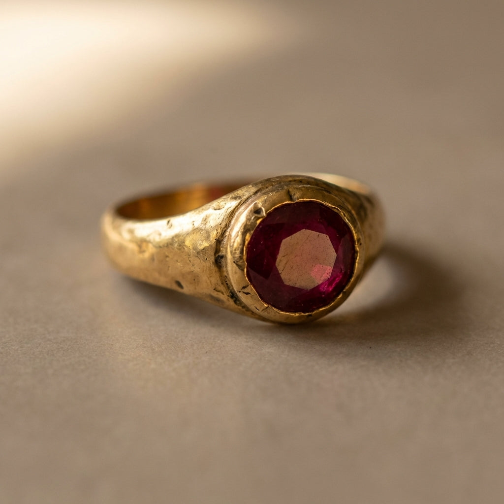 Close macro photo of an ancient ruby ring on a neutral stone background with soft directional light highlighting the gold bezel and worn patina