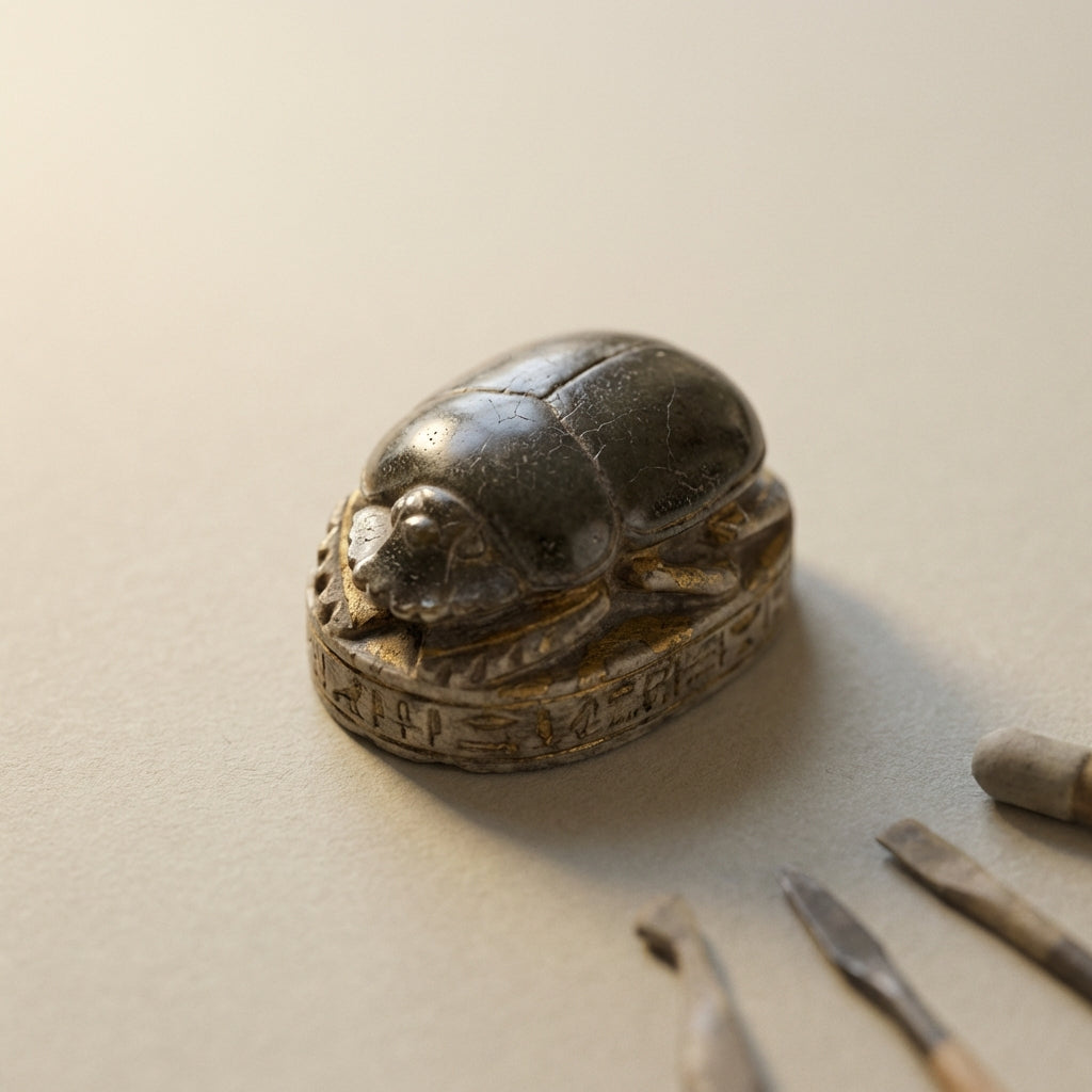 Macro close up of an ancient scarab ring showing glazed beetle back and detailed carved base on a neutral archival background #ede7da minimalist full frame composition