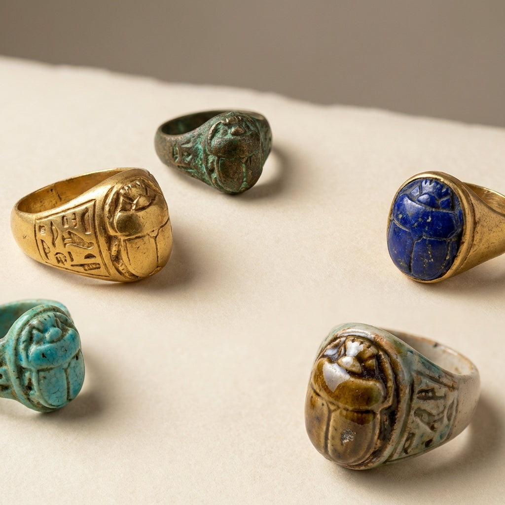 Close cropped studio photo of several ancient scarab ring pieces on a neutral textured background showing varied materials glazes and fine surface details