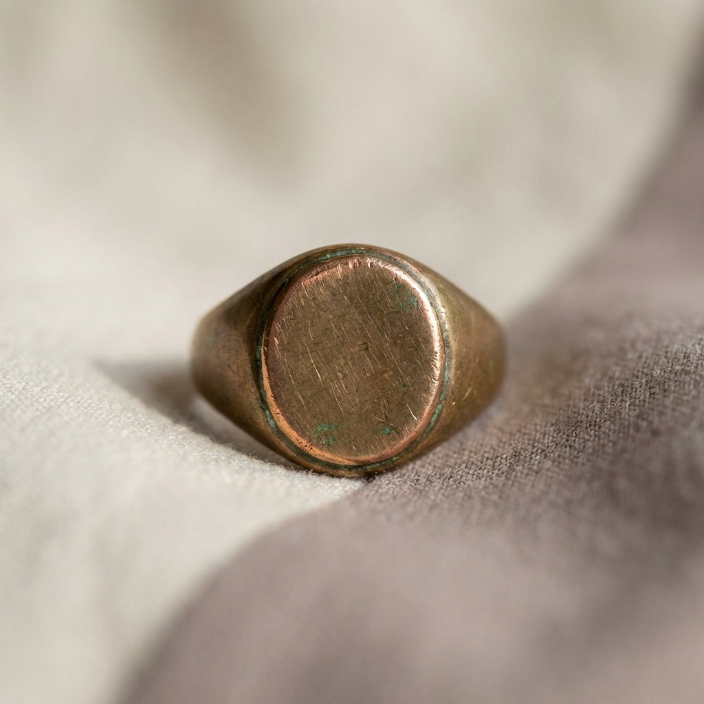 Close detail of an ancient signet ring on neutral linen fabric with soft natural light showing patina bezel and warm gold accents