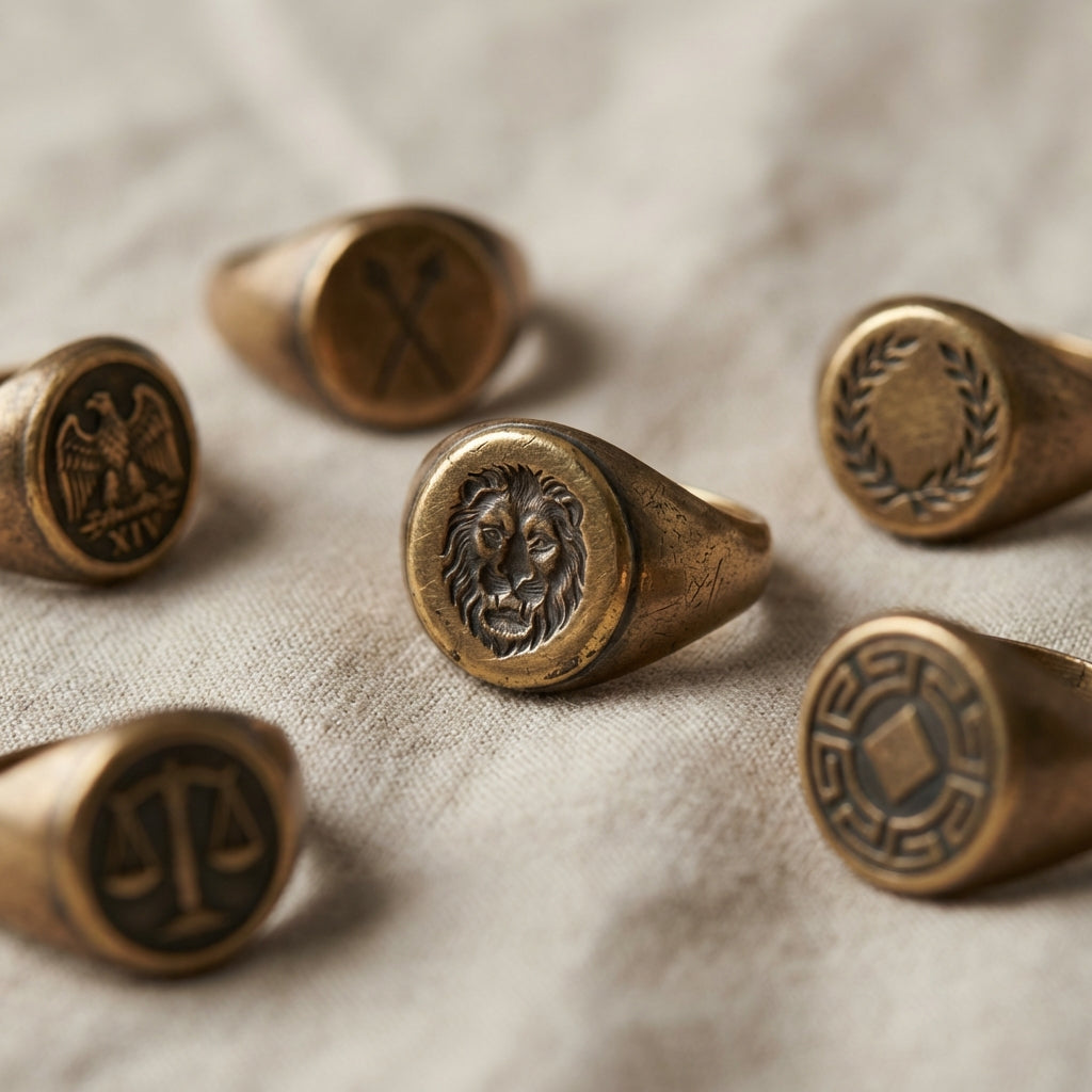 Close full frame shot of several ancient signet ring on soft linen highlighting bezels and patina in muted Aurora Antiqua palette