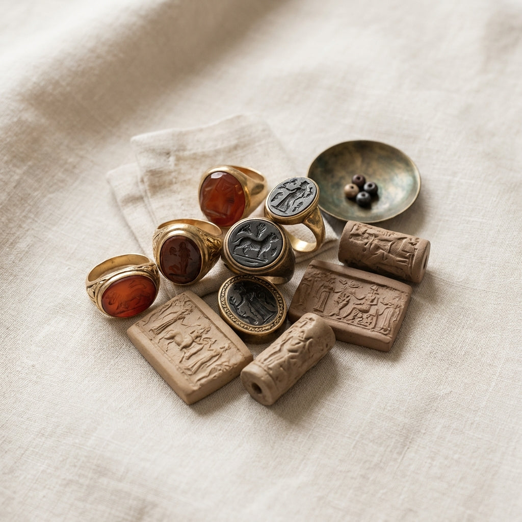 Close overhead shot of ancient signet ring intaglios and cylinder seal impressions on warm ivory linen showing engraved bezels and bronze accents