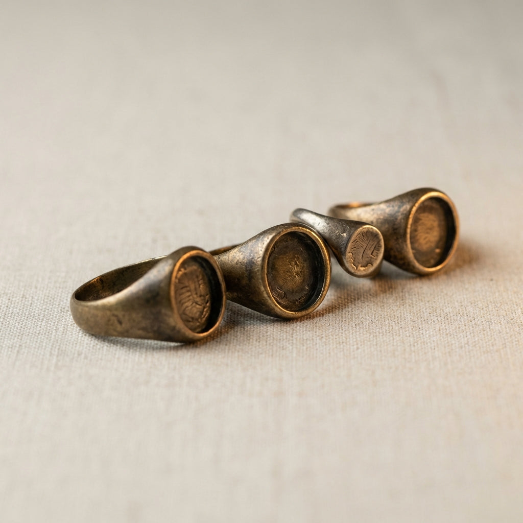 Close cropped full frame studio photo of several aged ancient signet ring pieces on neutral linen background #ede7da showing patina recessed bezels soft directional light minimal Aurora Antiqua aesthetic