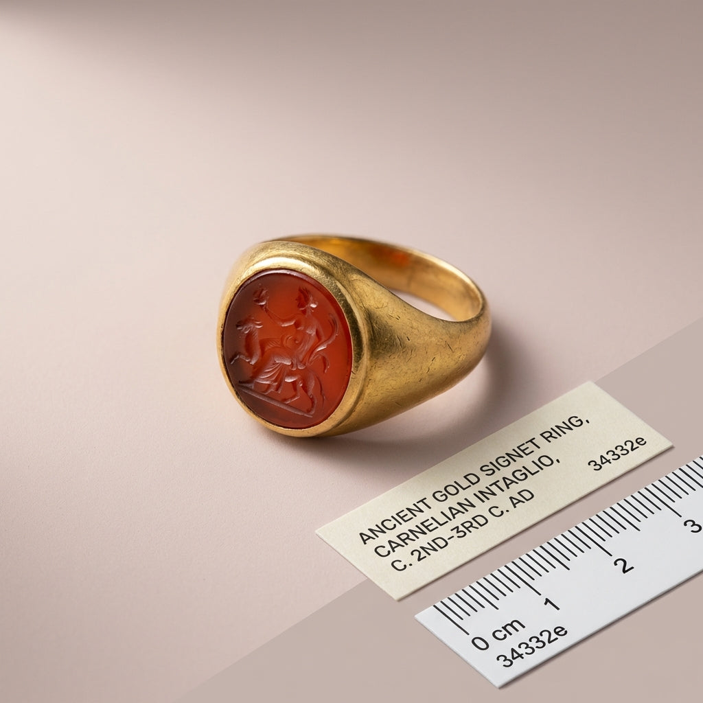Ancient signet ring with carnelian intaglio on neutral Aurora Antiqua background with scale and conservation labels