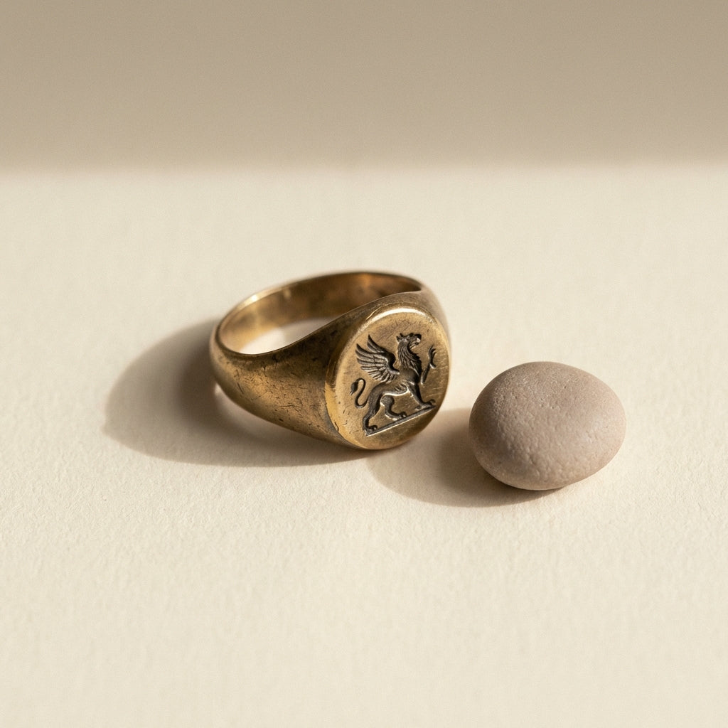 Close up of an ancient signet ring resting on warm cream background hex ede7da with engraved seal subtle patina and soft gold accents in a minimalist Aurora Antiqua aesthetic