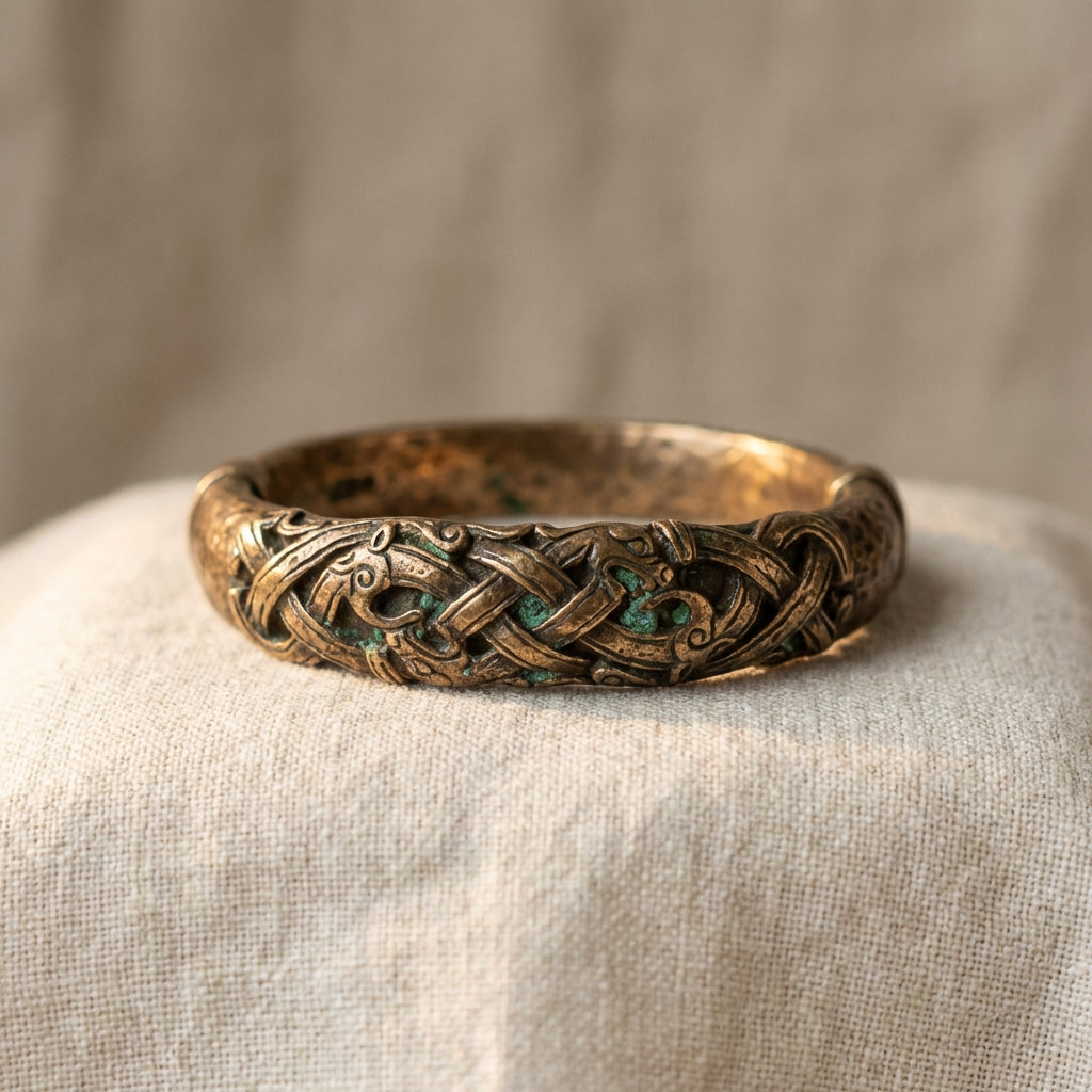 Closeup of an ancient viking arm ring weathered bronze with interlace decoration and verdigris patina on neutral linen background in Aurora Antiqua palette
