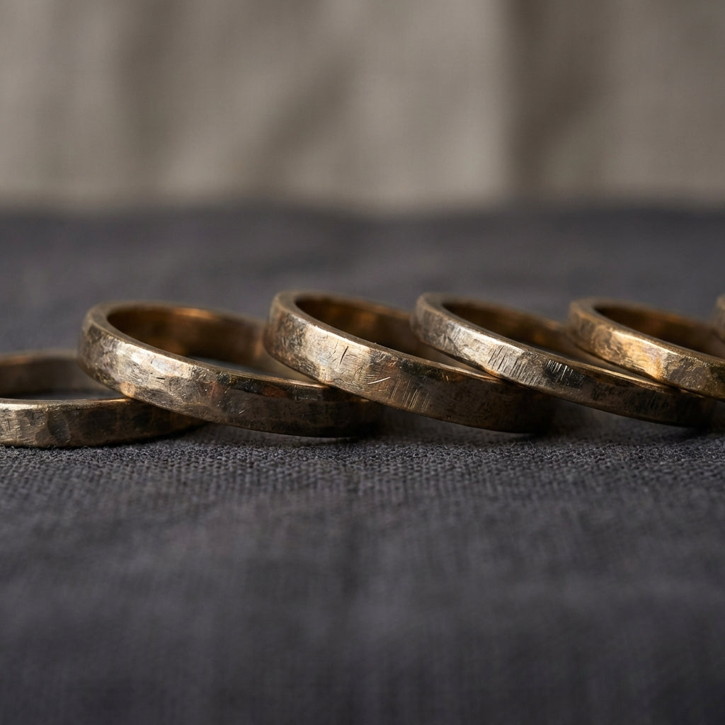 Close cropped high contrast photograph of aged metal ring bands on dark linen showing patina and tool marks minimalist studio shot for ancient viking rings for sale