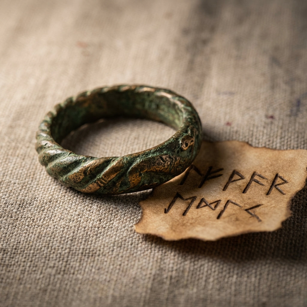 Minimalist full frame product shot of an ancient bronze Viking ring with visible patina on neutral linen beside a small parchment fragment with runes for ancient viking rings for sale