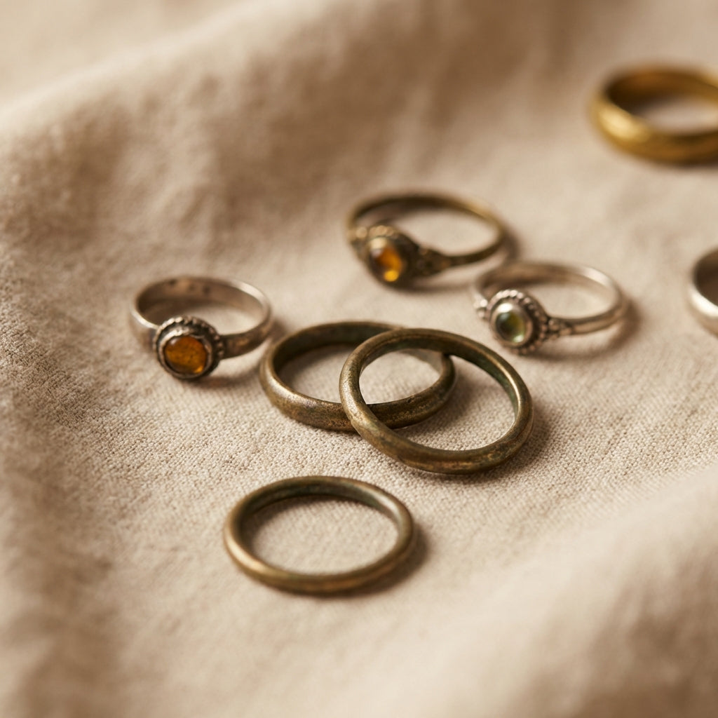 Closeup editorial photograph of ancient viking rings on neutral linen showing bezels simple hoops and worn patina soft warm lighting full frame