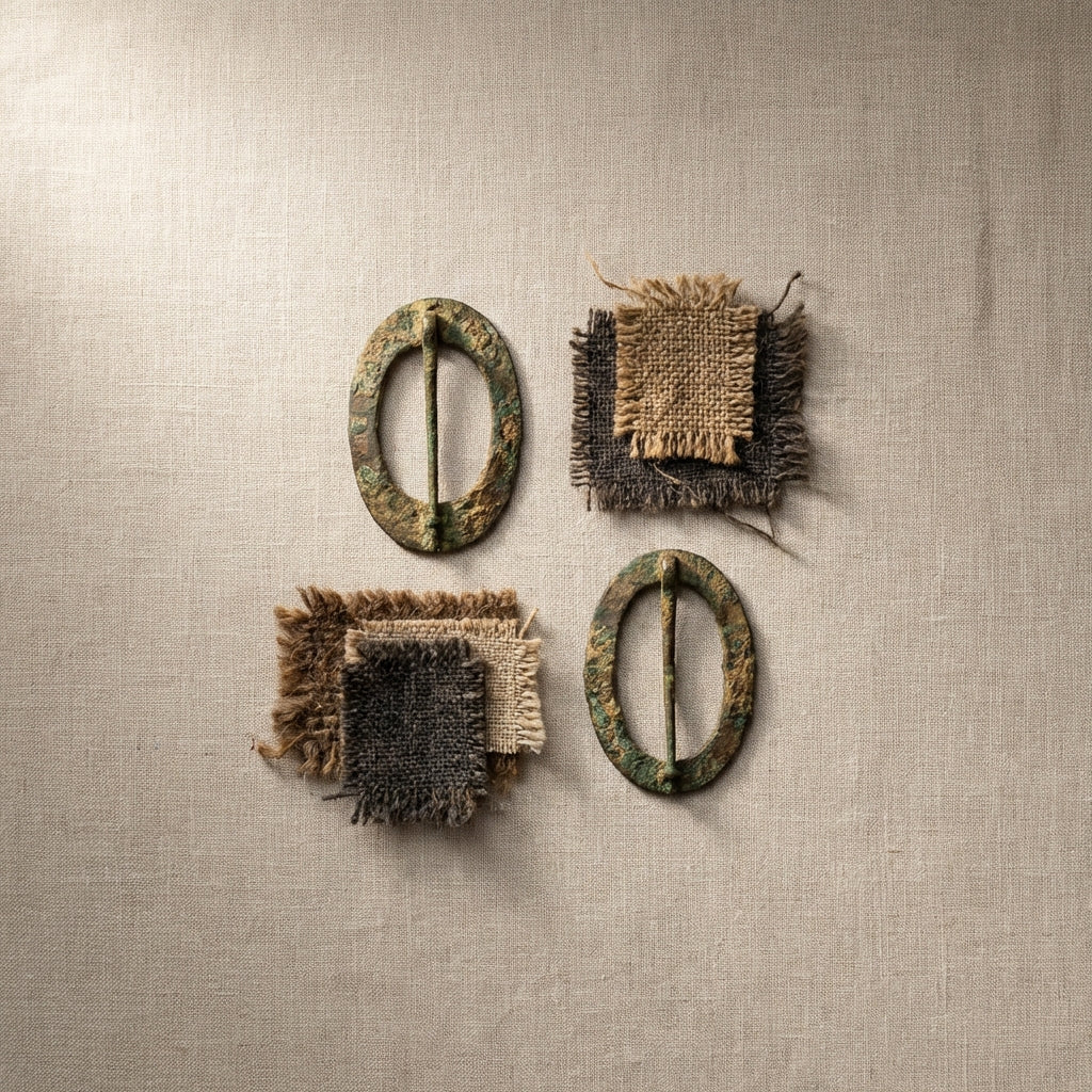 Top down close up of paired oval brooches and layered textile fragments on neutral fabric showing texture and patina in soft natural light ancient viking wedding rings