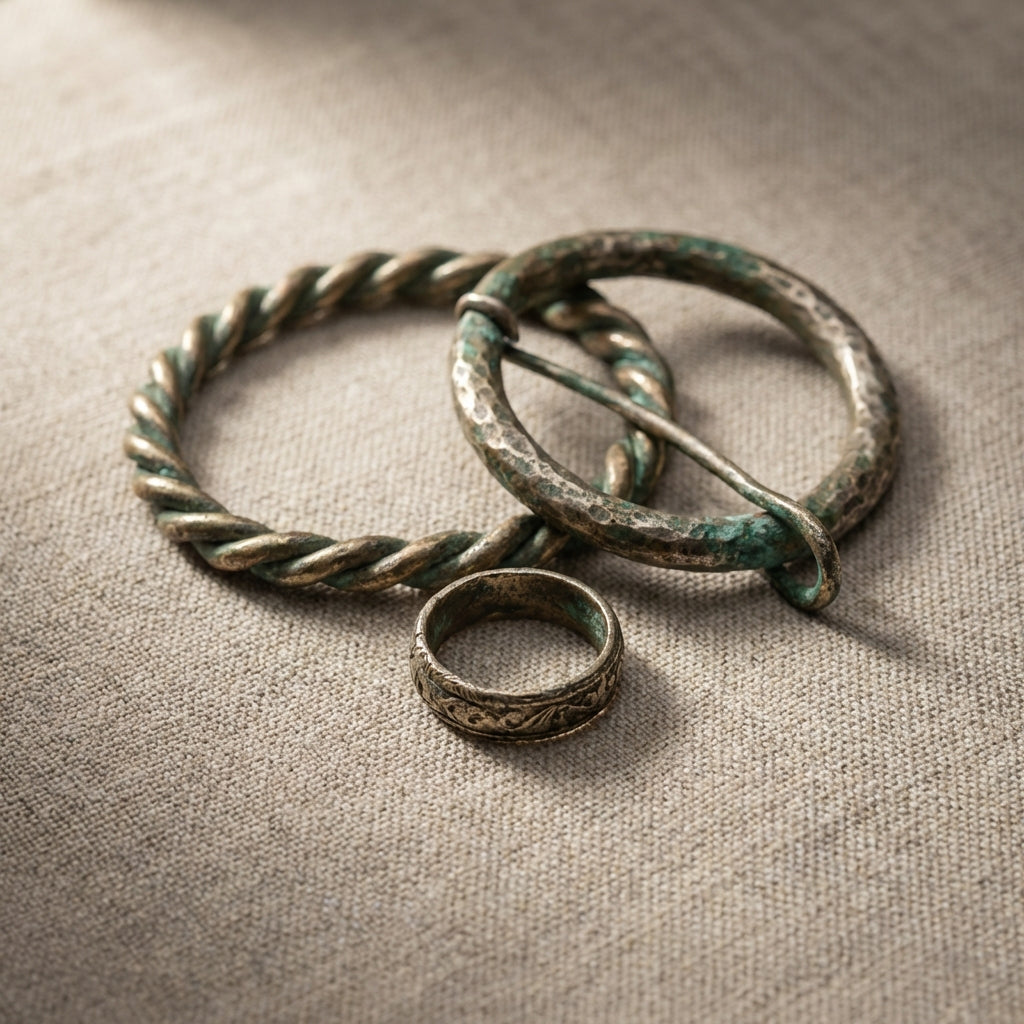Ancient viking wedding rings set with arm ring and penannular brooch on neutral fabric in Aurora Antiqua palette background #ede7da showing visible patina texture and minimal studio lighting