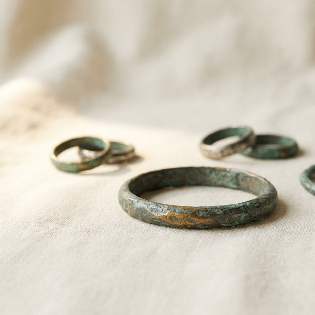 Ancient viking wedding rings and arm rings on neutral linen with soft side lighting highlighting patina and surface texture minimalist Aurora Antiqua palette