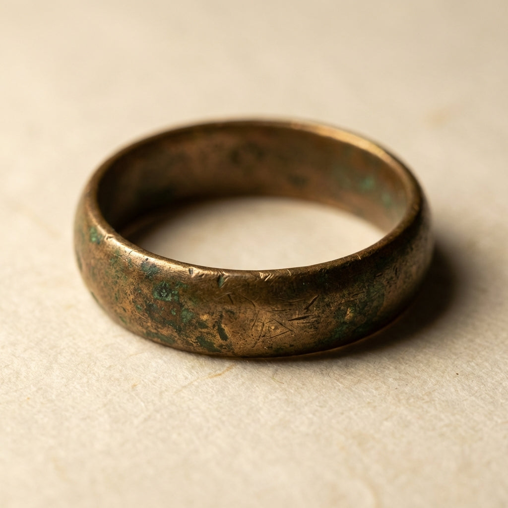 Close high contrast macro photo of an ancient wedding band bronze ring on archival cream paper full frame minimalist Aurora Antiqua palette showing patina and surface detail