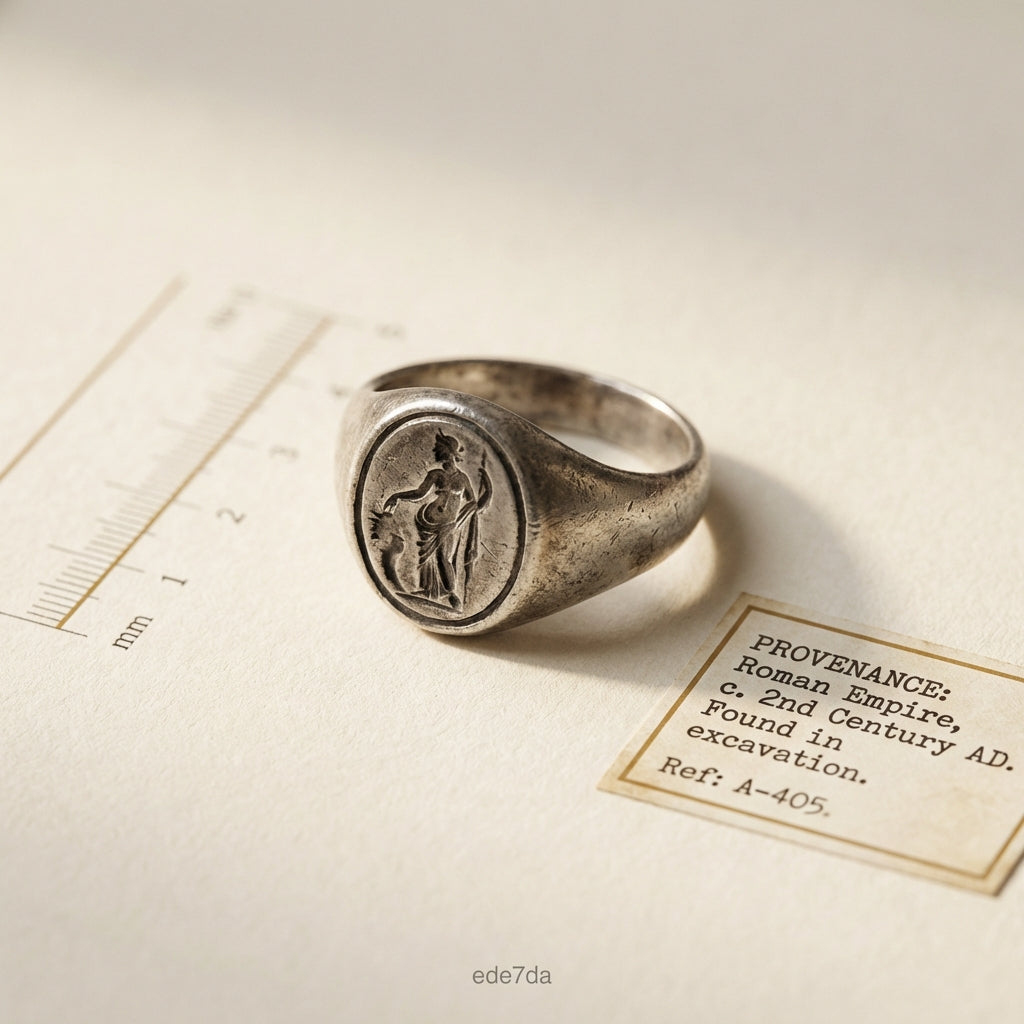 Close soft light photograph of an ancient wedding band silver intaglio ring on cream archival paper with measurement scale and small provenance note minimalist composition