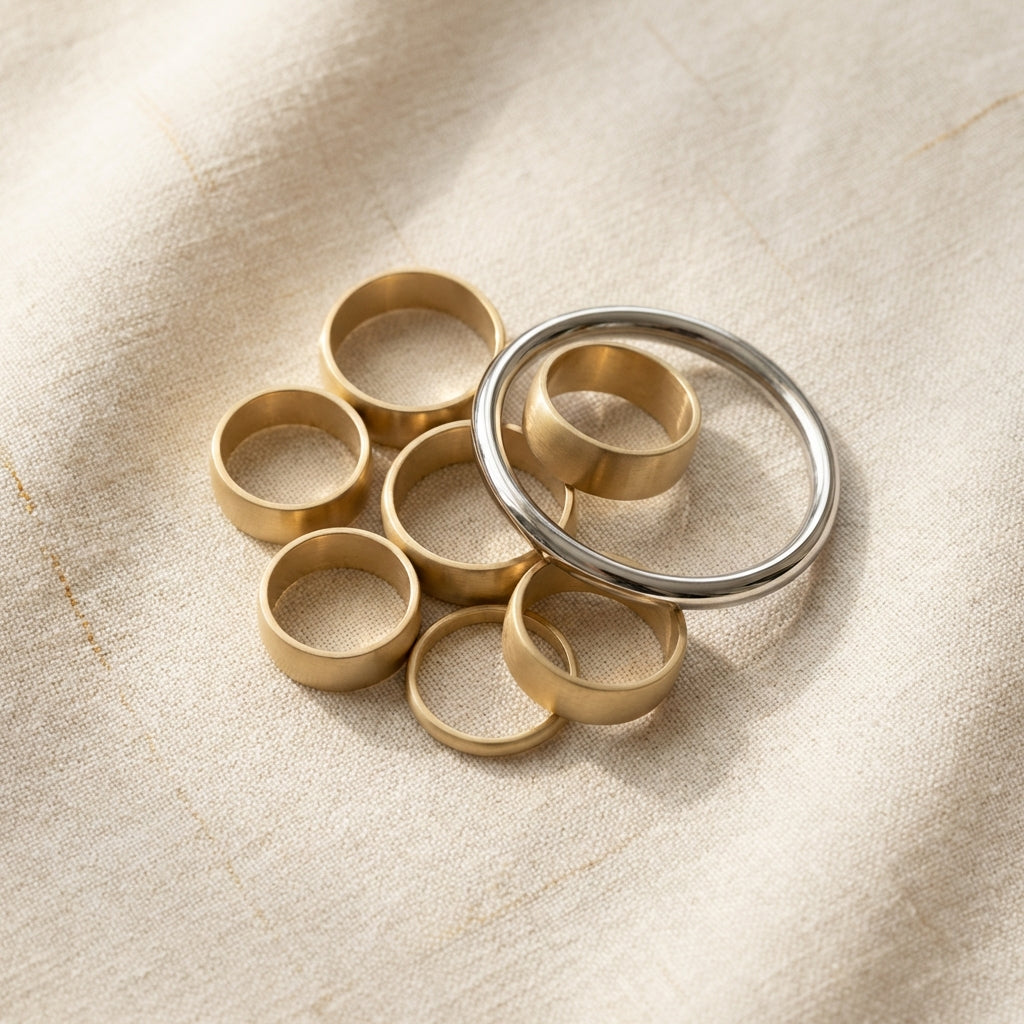 Overhead minimalist photograph of simple metal bands and a steel kara on textured linen in warm neutral Aurora Antiqua palette featuring an ancient wedding band