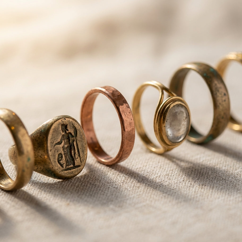 Close up of ancient wedding rings on neutral linen fabric showing intaglios hoops and wired bezels with warm patina and soft directional light