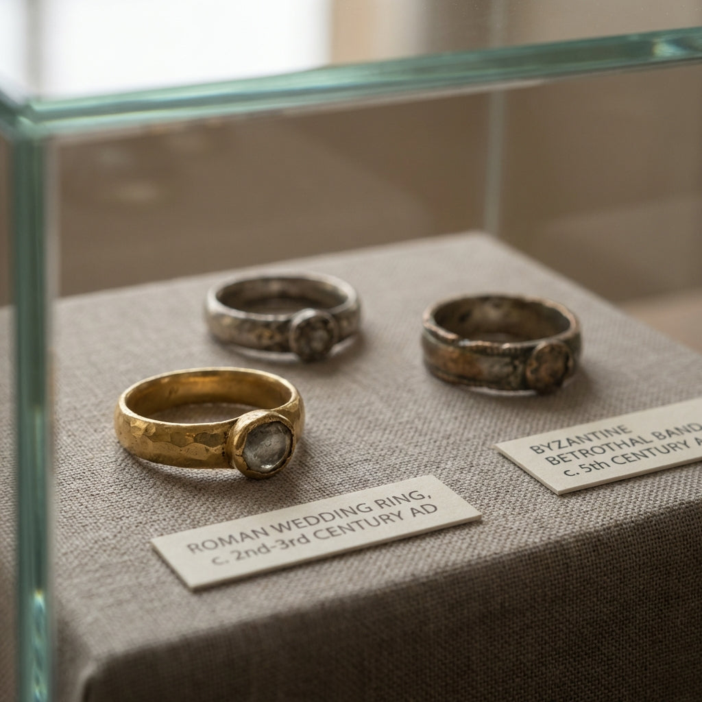 Subdued full frame photograph of several ancient wedding rings on neutral linen in a glass display case showing bezels and patina under soft natural light