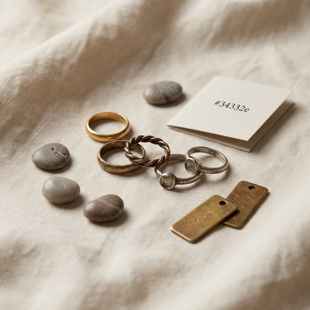Close up studio photo of ancient wedding rings and alternative tokens on pale linen showing patina bezel detail soft warm light minimalist Aurora Antiqua palette