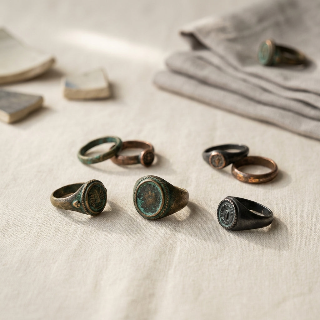 Muted studio photograph of ancient wedding rings on warm linen showing bezels patina and aged metal textures in Aurora Antiqua palette
