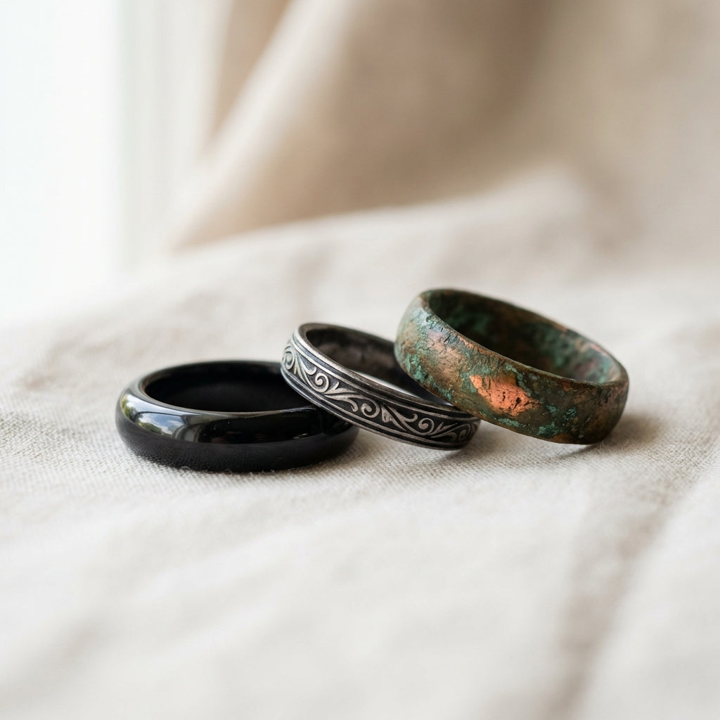 Macro image of ancient wedding rings on neutral #ede7da fabric showing polished jet stone niello inlaid bezel and corroded bronze band minimalist composition