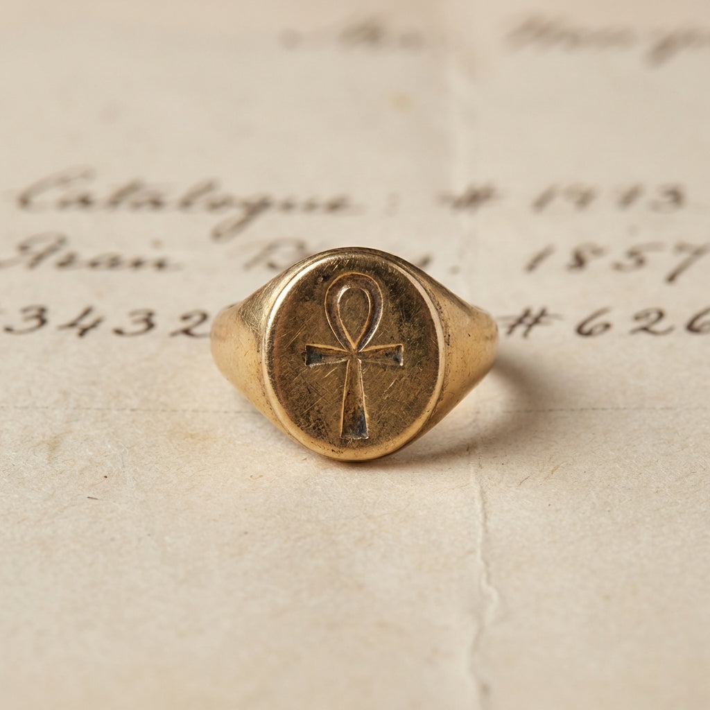 Close even lit macro photograph of an ancient ankh ring bezel resting on archival catalogue paper with blurred notes in a minimalist warm Aurora Antiqua aesthetic