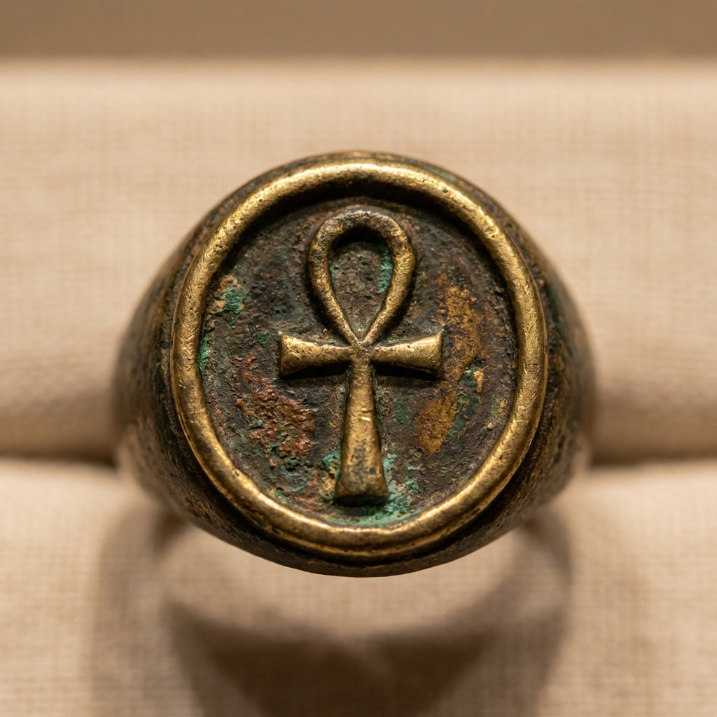 Close crop of ankh ring bezel with stylized ankh motif on neutral background ede7da warm museum lighting visible patina minimalist Aurora Antiqua aesthetic