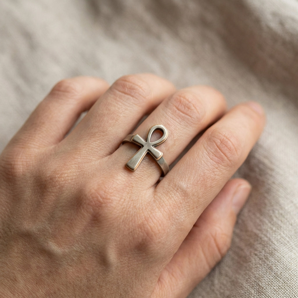 Close up of a hand wearing a low profile ankh ring showing bezel and patina on a warm neutral textile background in Aurora Antiqua minimalist style ankh ring