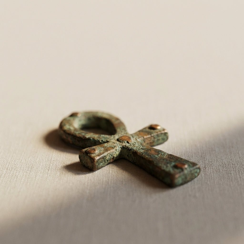 Close crop of an ancient ankh amulet showing patina and textured surface on a neutral museum style background, ankh ring meaning