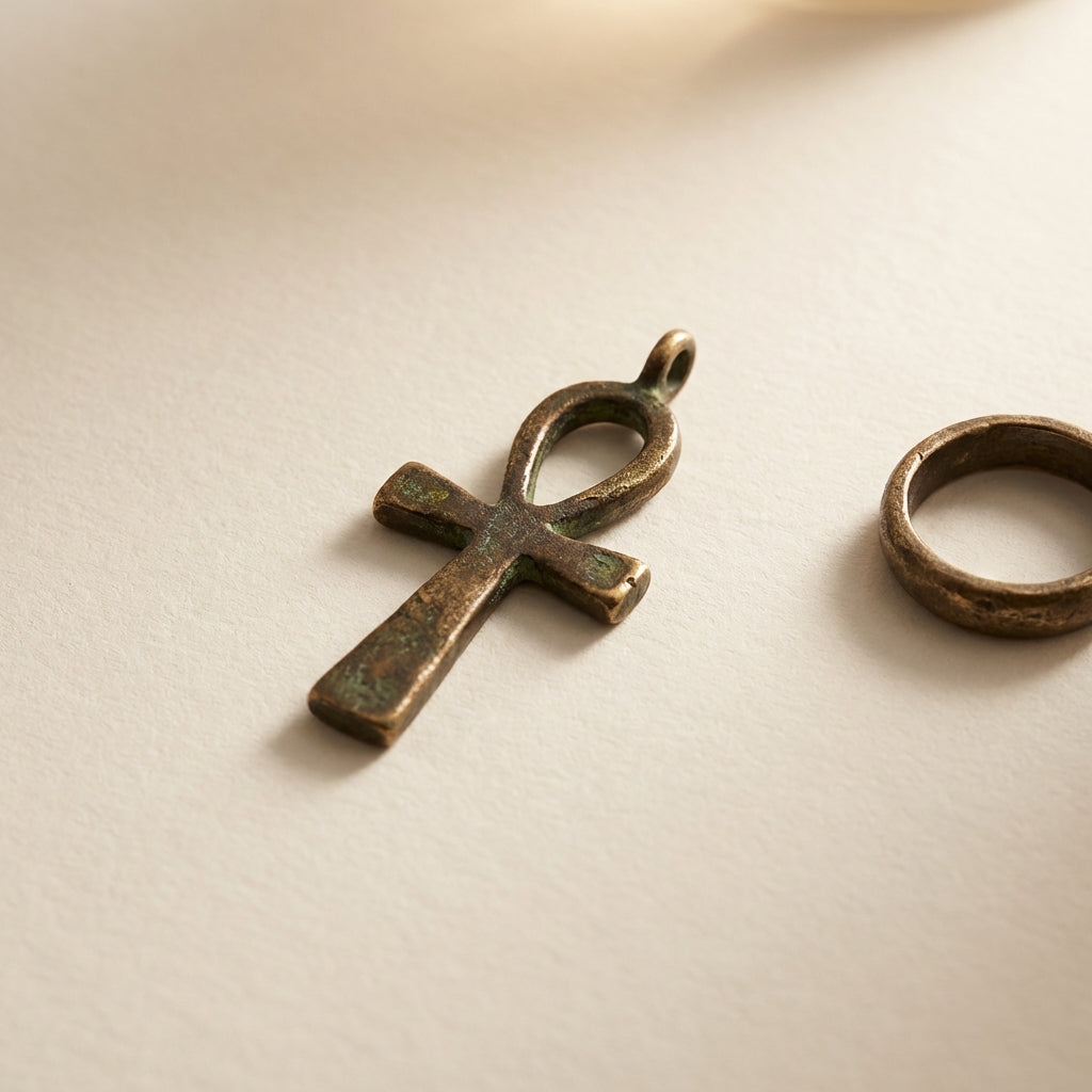 Bronze ankh ring and simple bronze ring on archival cream paper with soft directional light showing patina texture and warm tones on background ede7da