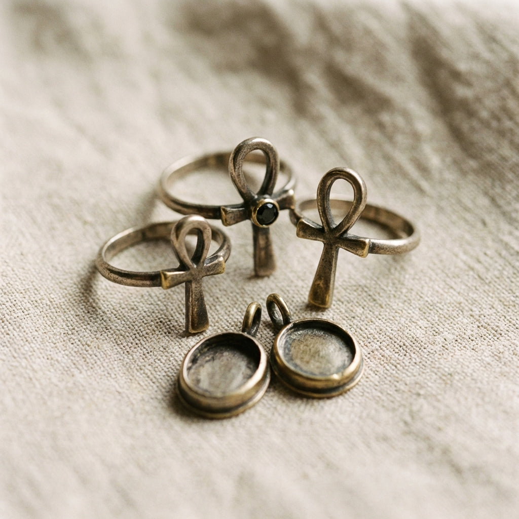 Close crop of three historic ankh rings for women and small pendants on neutral linen showing patina bezels and warm parchment background