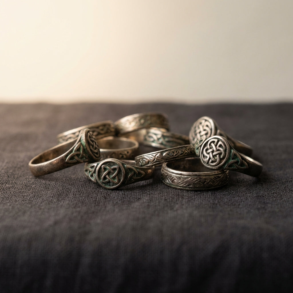 antique celtic rings on dark linen cloth with knotwork bezels visible patina and soft directional studio lighting minimalist still life