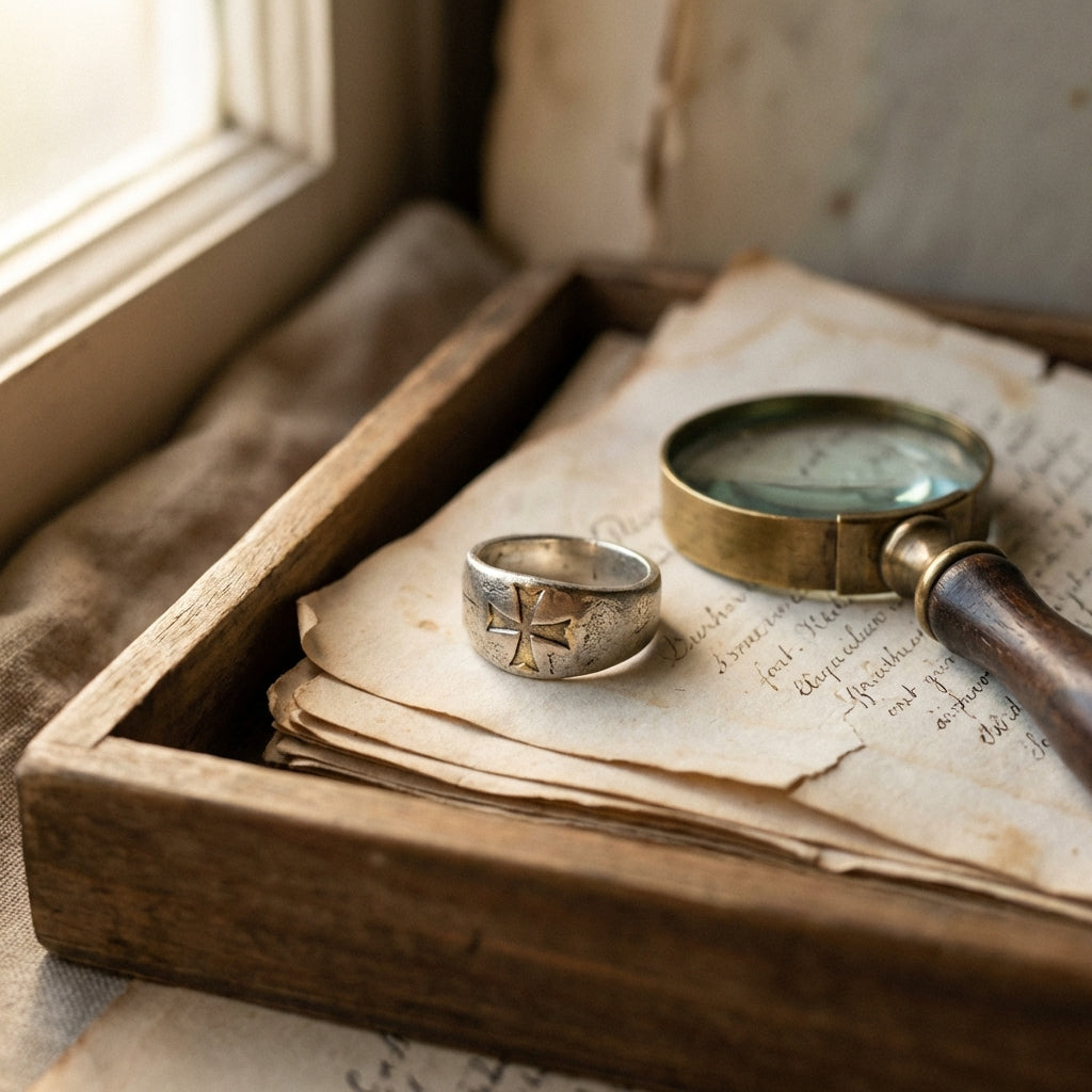 Antique knights templar ring for sale close up on a wooden tray with archival papers and a magnifying glass on a muted beige background