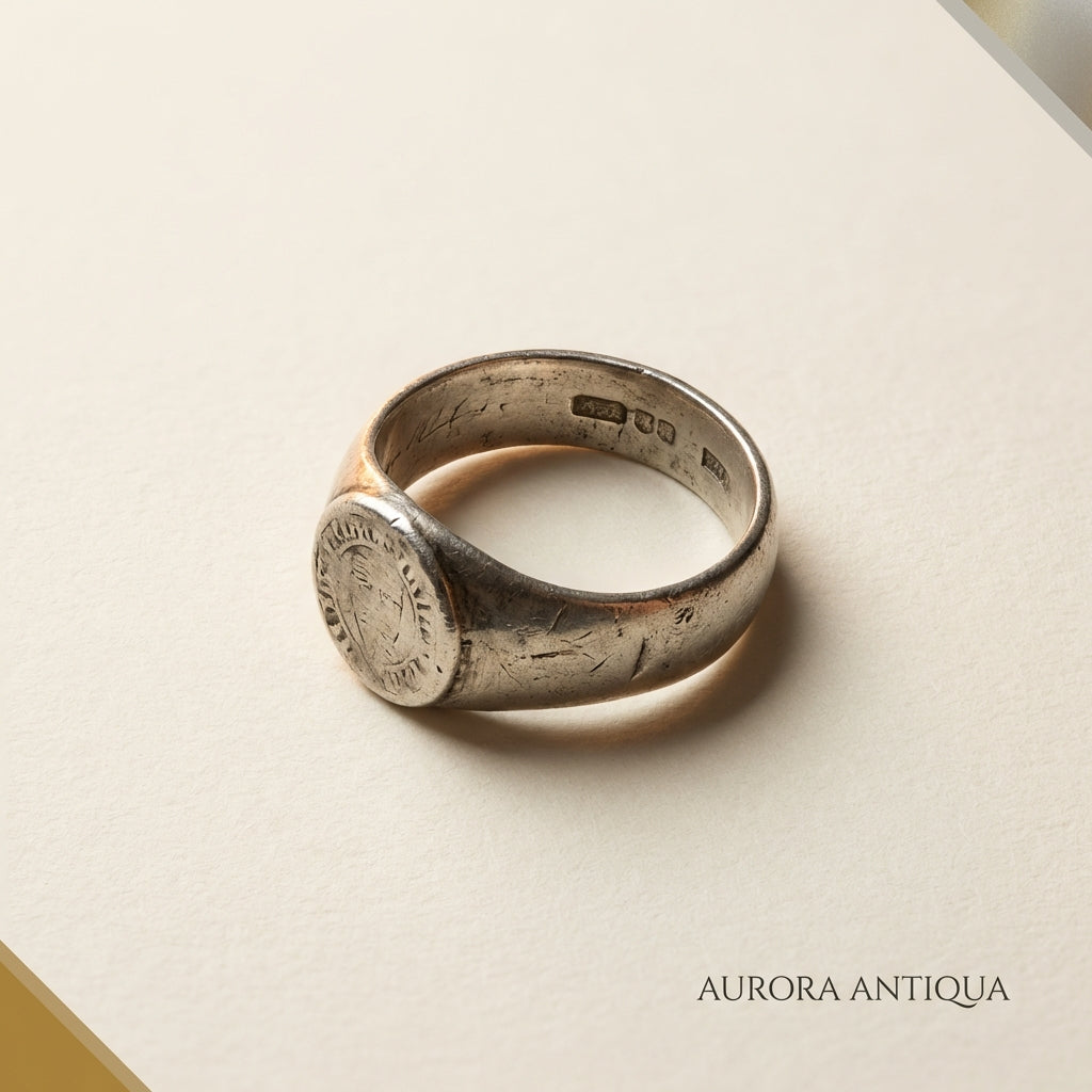 antique knights templar ring for sale calm studio photo of weathered medieval silver ring on archival cream paper close up showing bezel and interior band details