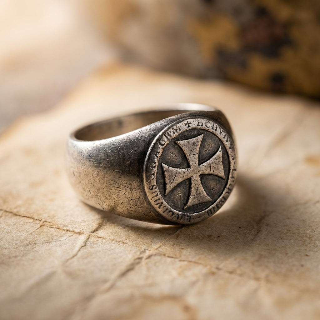 Antique knights templar ring on aged parchment close textured still life with soft directional light revealing silver patina and worn engraving