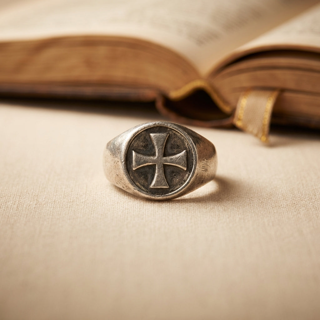 Studio close up of an antique knights templar ring with visible silver patina and tool marks on a light beige linen surface with a blurred open reference book in the background