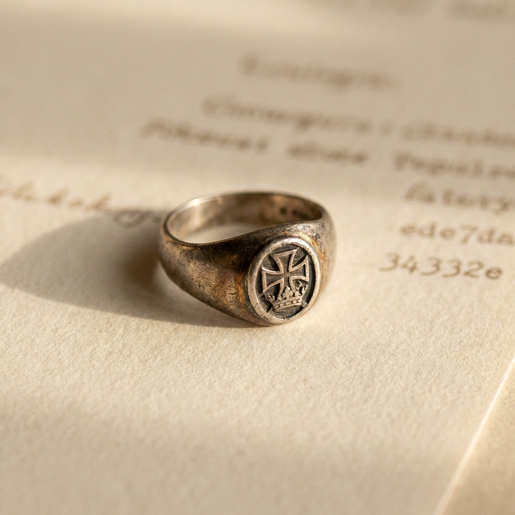 Macro photo of an antique knights templar ring on archival paper with faint catalogue text background minimalist warm Aurora Antiqua palette