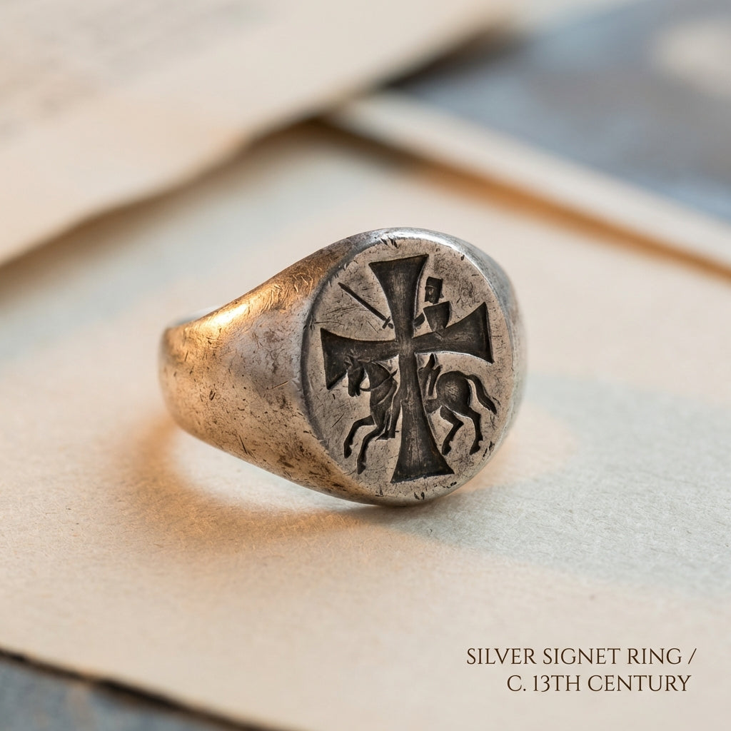 Close up of an aged silver antique knights templar ring on archival cream paper showing patina and worn intaglio soft natural light minimalist composition background ede7da