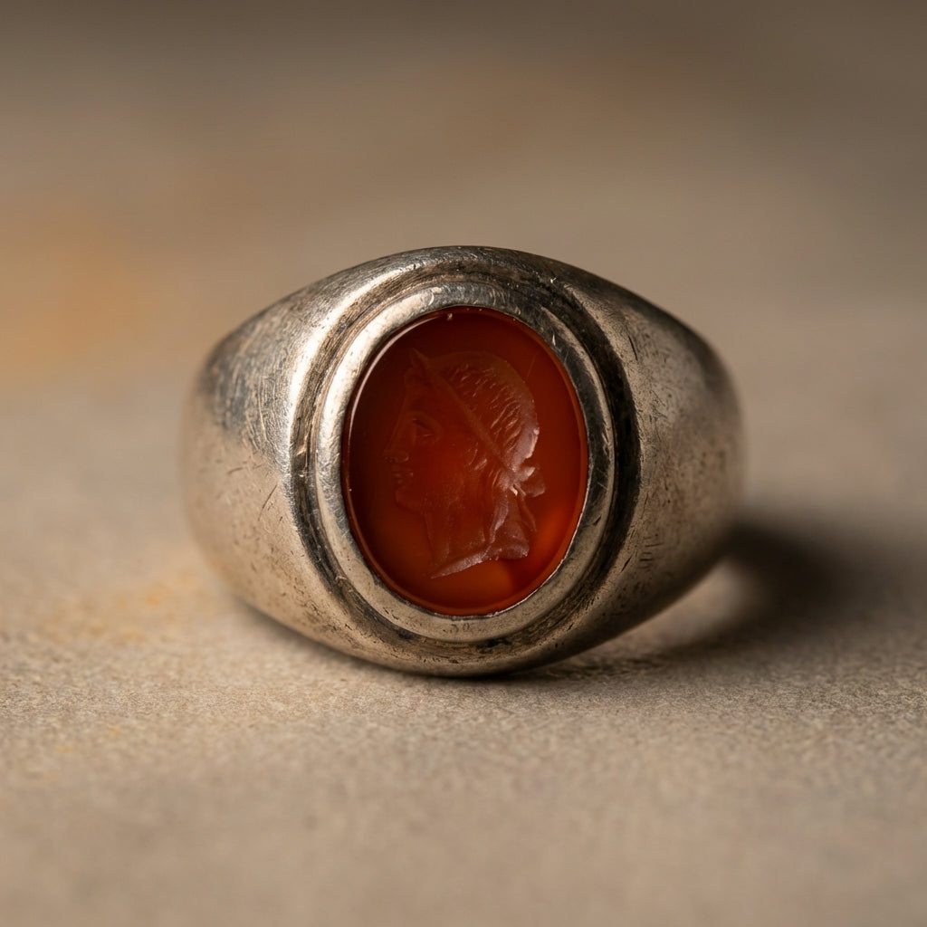 Close up of an antique persian ring worn silver bezel with carnelian intaglio on a warm minimal background ede7da soft studio lighting showing patina and surface wear