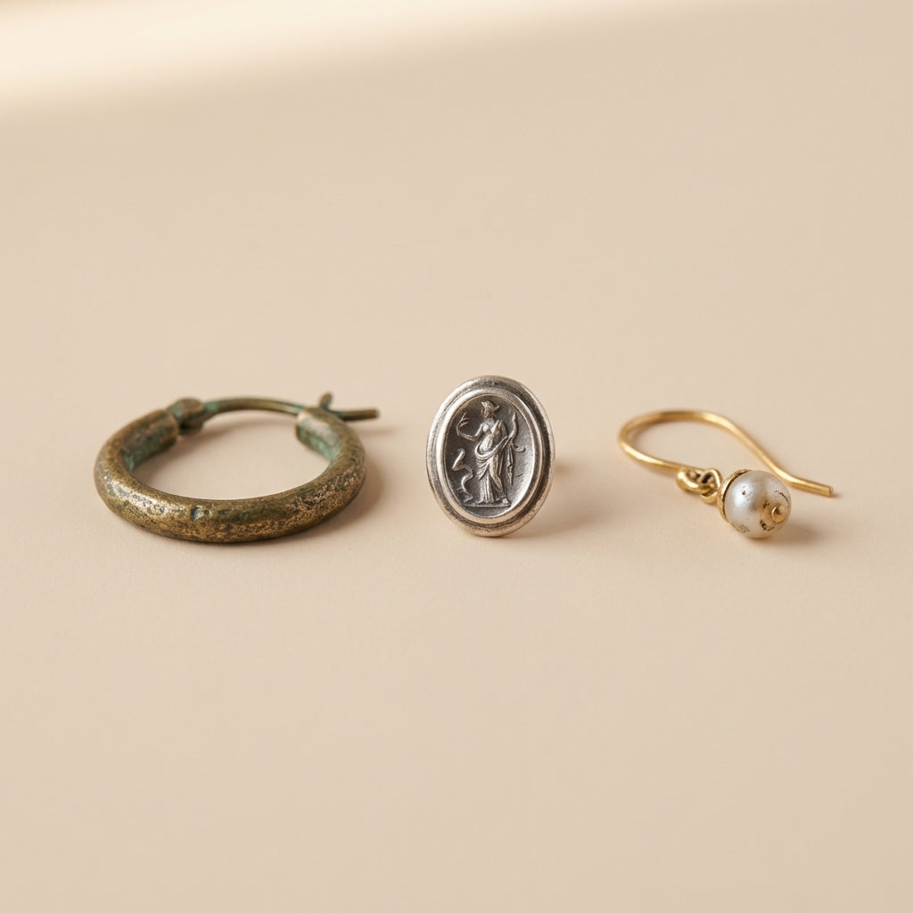 Close crop of three earrings on a neutral background showing a bronze hoop a silver intaglio setting and a small gold drop antique roman earrings