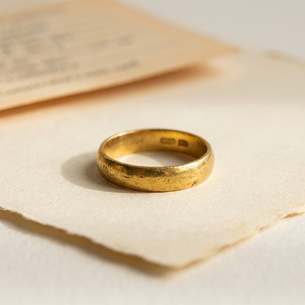 Warm close photograph of an antique roman jewelry gold ring on textured archival paper showing patina and wear with a blurred conservator note in the background