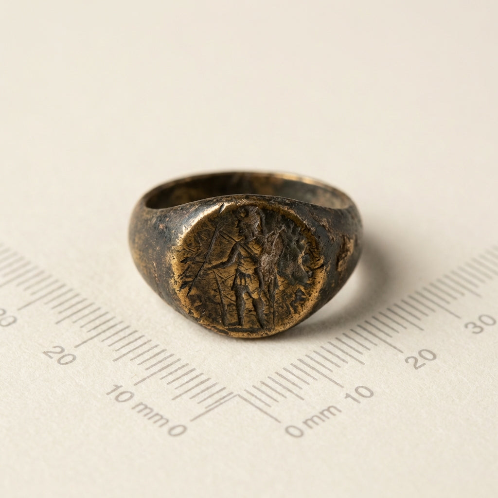 Close up of an antique roman soldier ring with worn patina resting on archival paper beside a subtle measuring scale in a minimal museum style composition